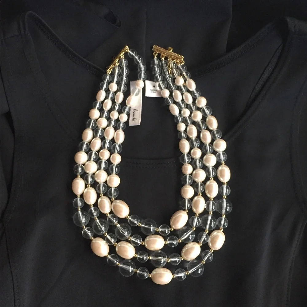 4 Strands Faux Creme Pearl & Clear Beads Goldtone Wedding Cocktail Necklace